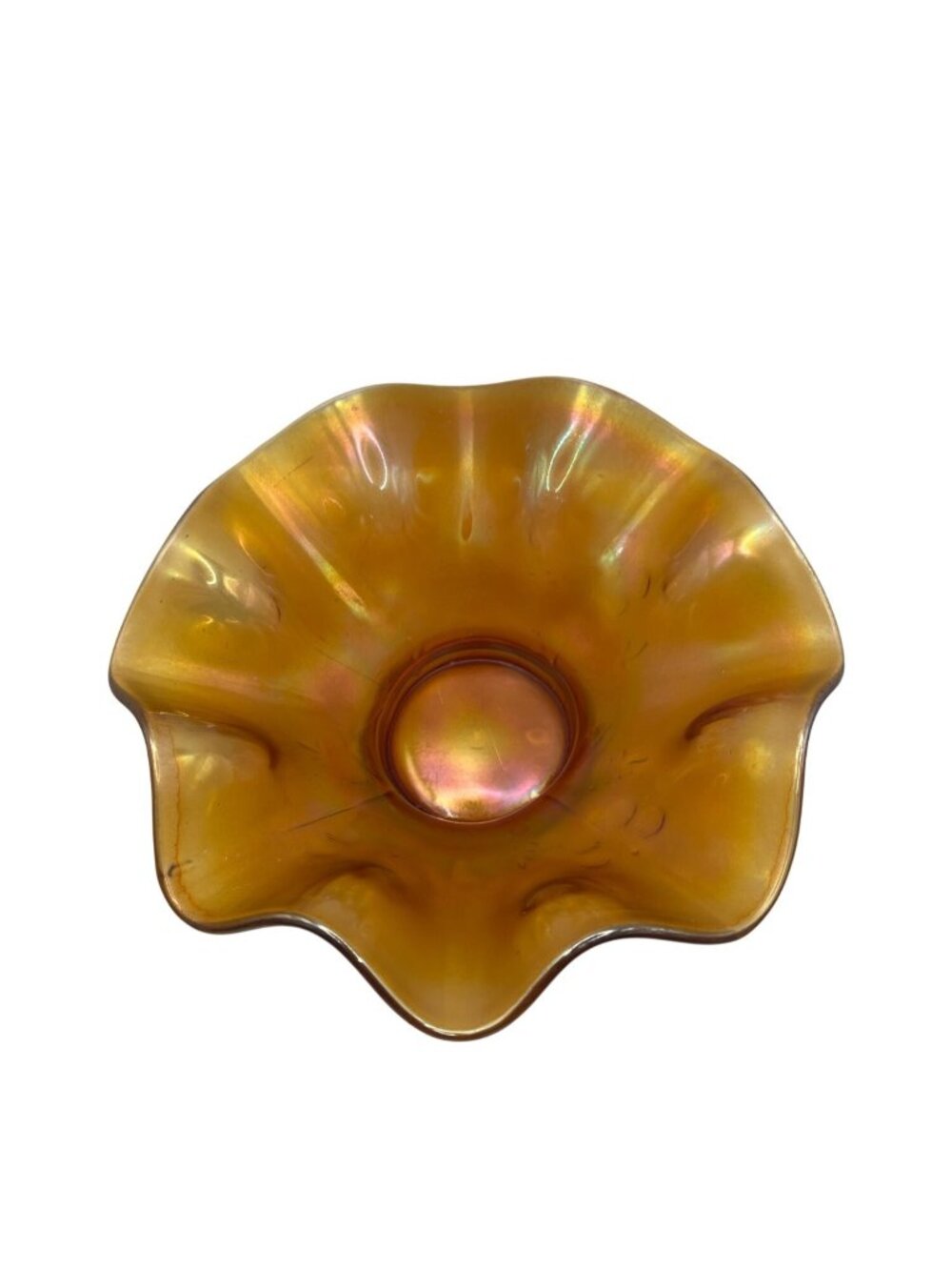 Vintage Amber Iridescent Glass Ruffled Edge Bowl 7" Wide 4K